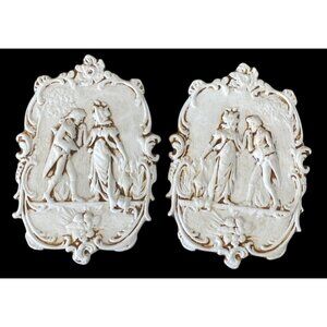Romantic Bisque Ceramic Relief Plaques – Classical Pair with Cherub-Inspired Orn